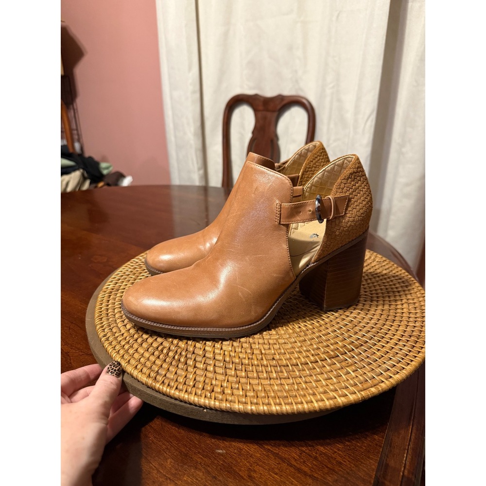 Dr. Scholl's Tan Leather Cutout Buckle Ankle Boots‎ Block Heel Womens 10M